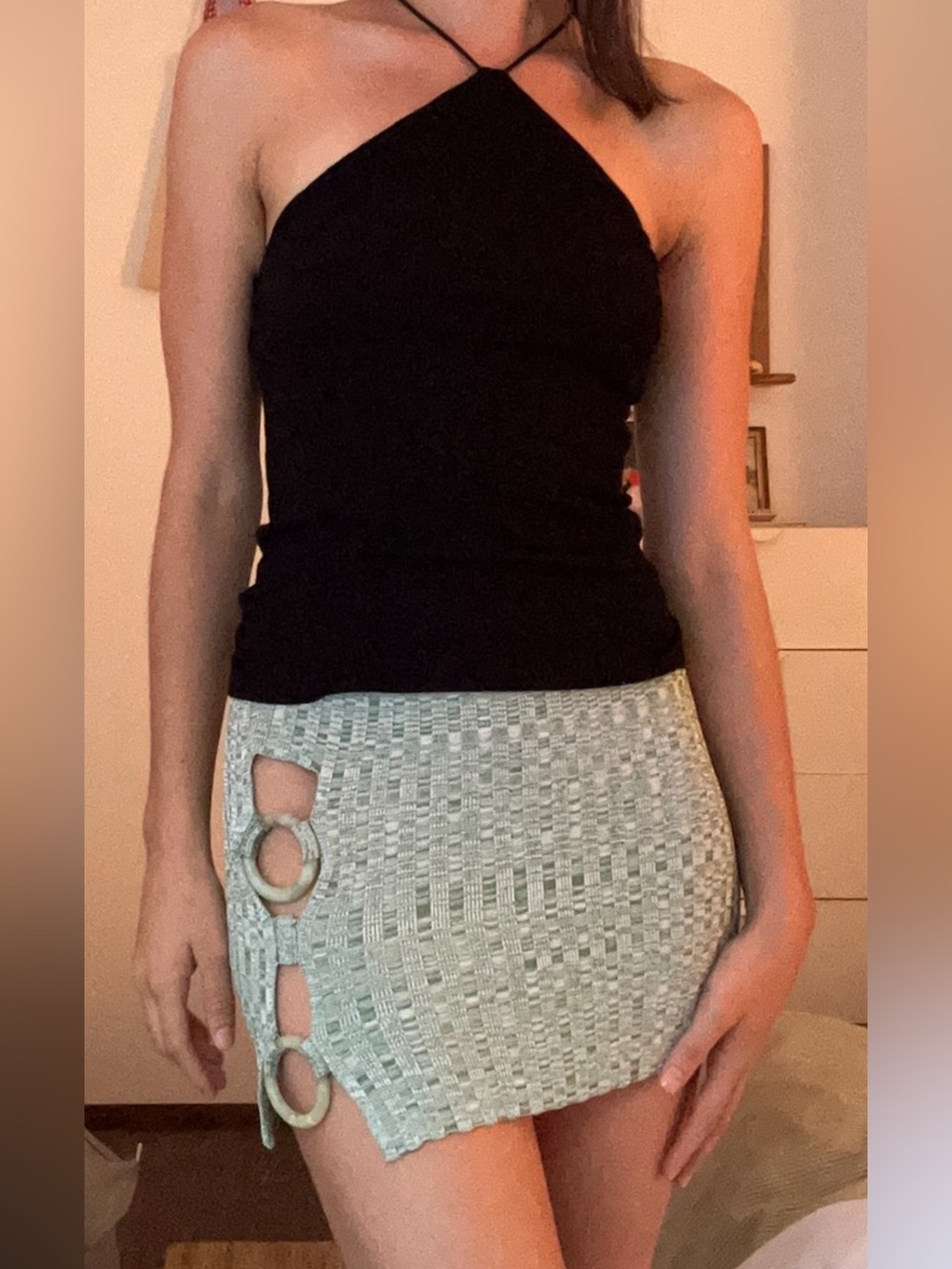 Aya Muse Mint Green Woven Mini Skirt with Ring Cutouts